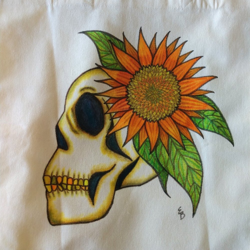 Hand Painted Skull Tote Bag: Sunflower Art, Reusable Canvas Bag 14x13x7